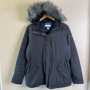 Columbia Womens Winter Parka Coat Hooded Faux Fur Trim Black Lightweight Size L